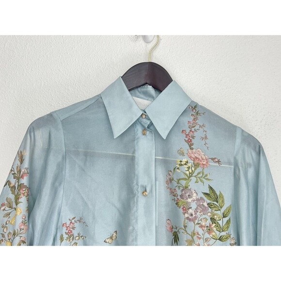 ZIMMERMANN Waverly Floral-Print Shirt Light Blue Silk Size AU 0P/ US 2P - Picture 7 of 14